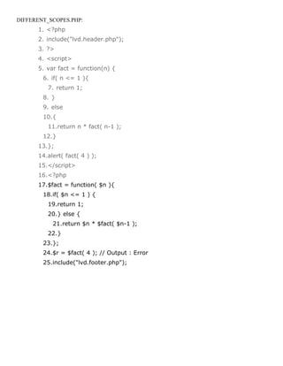 DIFFERENT_SCOPES.PHP:
      1. <?php
      2. include("lvd.header.php");
      3. ?>
      4. <script>
      5. var fact = function(n) {
        6. if( n <= 1 ){
         7. return 1;
        8. }
        9. else
        10.{
         11.return n * fact( n-1 );
        12.}
      13.};
      14.alert( fact( 4 ) );
      15.</script>
      16.<?php
      17.$fact = function( $n ){
        18.if( $n <= 1 ) {
         19.return 1;
         20.} else {
           21.return $n * $fact( $n-1 );
         22.}
        23.};
        24.$r = $fact( 4 ); // Output : Error
        25.include("lvd.footer.php");
 