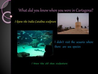 What did you know when you were in Cartagena?
I knew the India Catalina sculpture
I didn’t visit the acuario where
there are sea species
I knew the old shoe sculputure
 