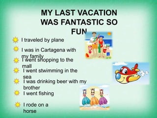 MY LAST VACATION
WAS FANTASTIC SO
FUN
I traveled by plane
I was in Cartagena with
my family
I went shopping to the
mall
I went stwimming in the
sea
I was drinking beer with my
brother
I went fishing
I rode on a
horse
 