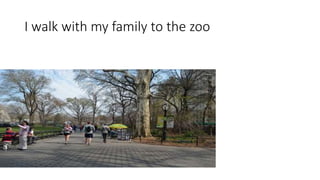 I walk with my family to the zoo
 