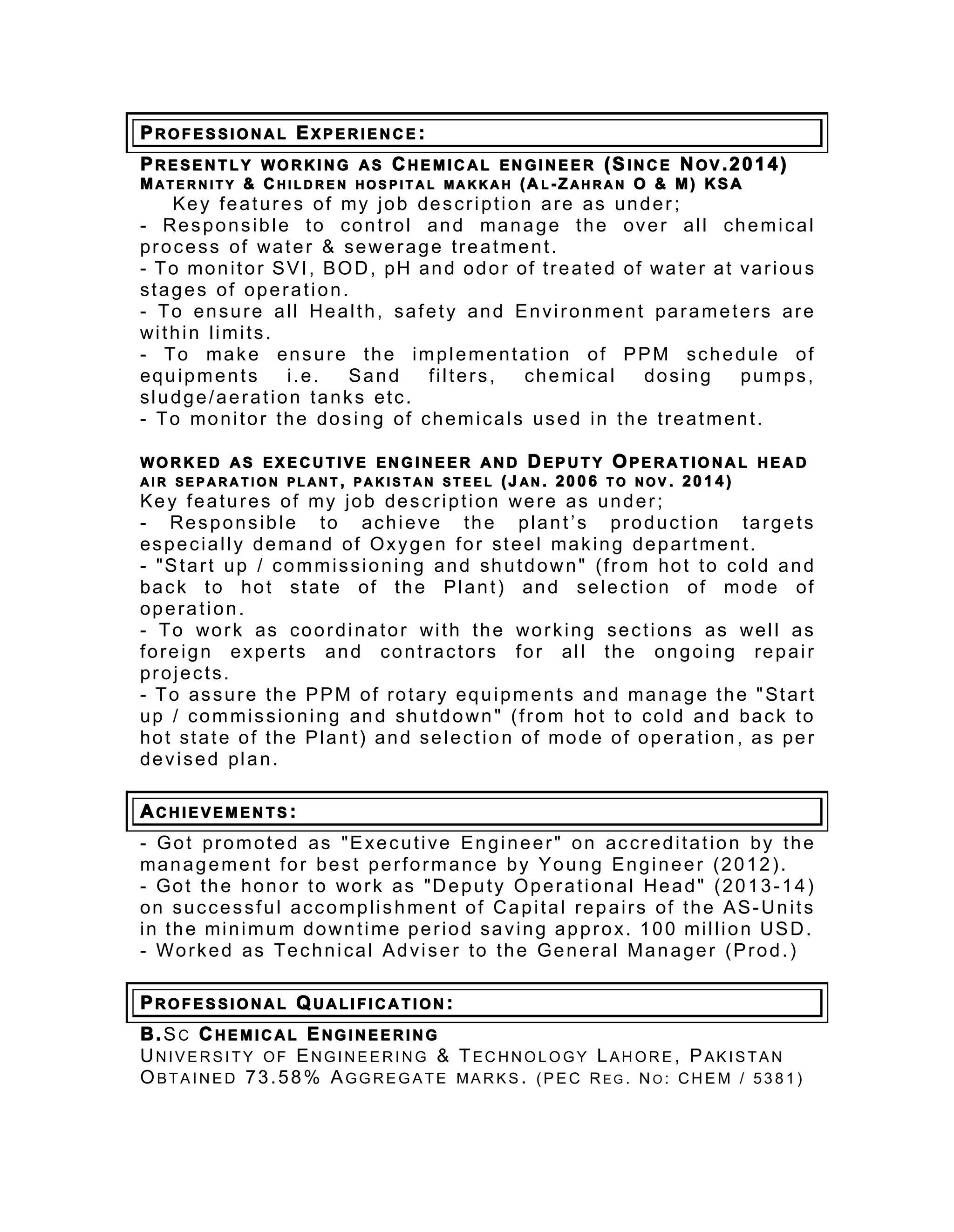 My latest cv as chemical engineer in pdf | PDF