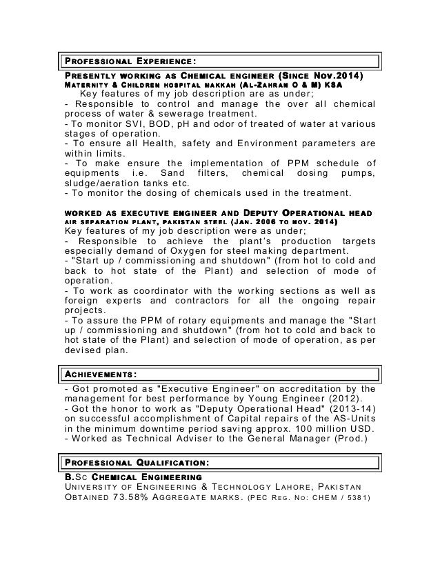sample chemical engineering resume