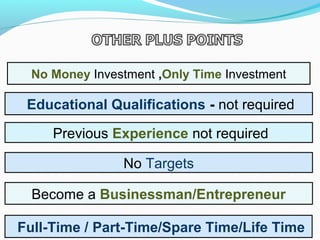 No Money Investment ,Only Time Investment
Become a Businessman/Entrepreneur
Educational Qualifications - not required
Previous Experience not required
No Targets
Full-Time / Part-Time/Spare Time/Life Time
 