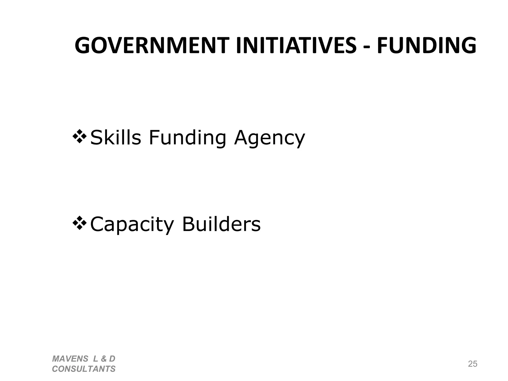 GOVERNMENT INITIATIVES - FUNDING Skills Funding Agency Capacity Builders MAVENS  L & D  CONSULTANTS  