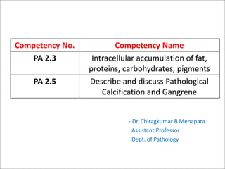 - Dr. Chiragkumar B Menapara
Assistant Professor
Dept. of Pathology
Competency No. Competency Name
PA 2.3 Intracellular accumulation of fat,
proteins, carbohydrates, pigments
PA 2.5 Describe and discuss Pathological
Calcification and Gangrene
 