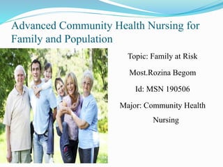 Advanced Community Health Nursing for
Family and Population
Topic: Family at Risk
Most.Rozina Begom
Id: MSN 190506
Major: Community Health
Nursing
 