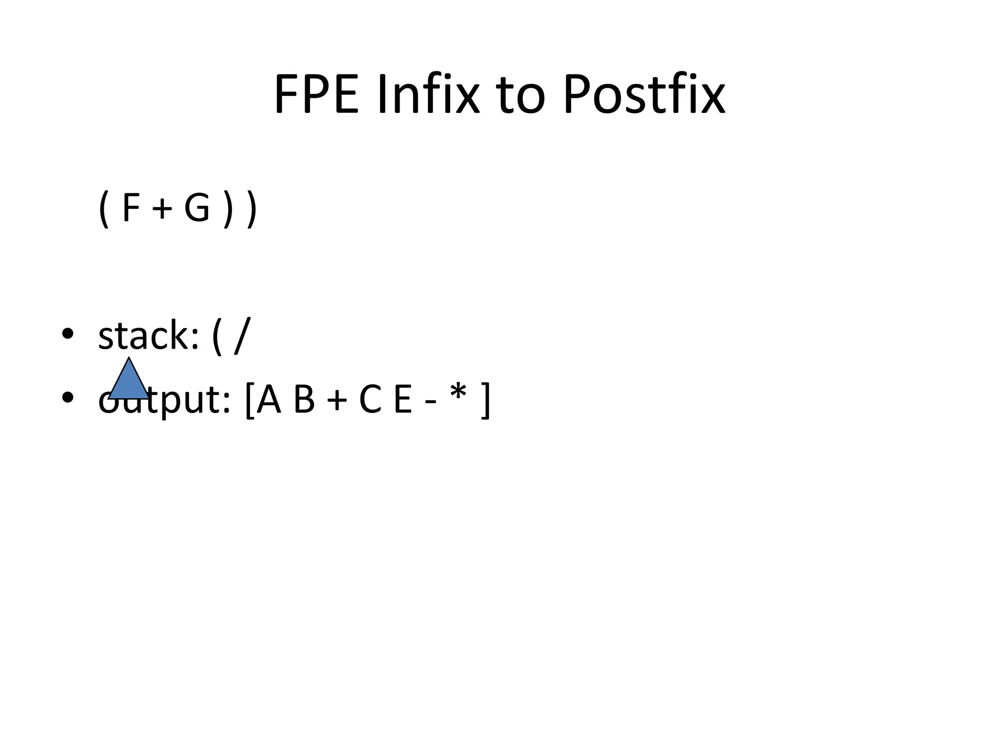 FPE Infix to Postfix
(F+G))
• stack: ( /
• output: [A B + C E - * ]

 
