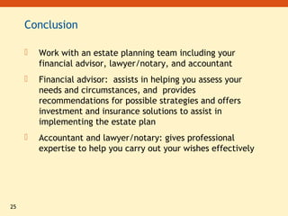 25
Conclusion
 Work with an estate planning team including your
financial advisor, lawyer/notary, and accountant
 Financial advisor: assists in helping you assess your
needs and circumstances, and provides
recommendations for possible strategies and offers
investment and insurance solutions to assist in
implementing the estate plan
 Accountant and lawyer/notary: gives professional
expertise to help you carry out your wishes effectively
 