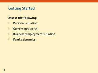 6
Getting Started
Assess the following:
 Personal situation
 Current net worth
 Business/employment situation
 Family dynamics
 