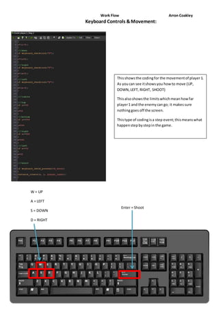 Work Flow Arron Coakley 
7 
Keyboard Controls & Movement: 
Enter = Shoot 
W = UP 
A = LEFT 
S = DOWN 
D = RIGHT 
This shows the coding for the movement of player 1. 
As you can see it shows you how to move (UP, 
DOWN, LEFT, RIGHT, SHOOT) 
This also shows the limits which mean how far 
player 1 and the enemy can go; it makes sure 
nothing goes off the screen. 
This type of coding is a step event; this means what 
happen step by step in the game. 
 