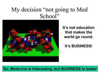 My decision “not going to Med School” It’s not education that makes the world go round. It’s BUSINESS! So, Medicine is Interesting, but BUSINESS is better 