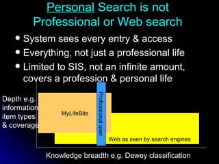 Personal  Search is not Professional or Web search System sees every entry & access Everything, not just a professional life  Limited to SIS, not an infinite amount, covers a profession & personal life   Web as seen by search engines MyLifeBits Knowledge breadth e.g. Dewey classification Depth e.g. information item types & coverage Professional user 
