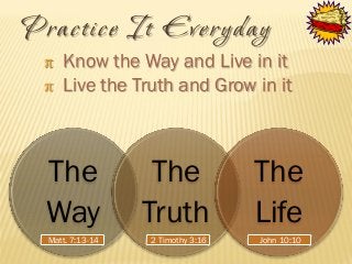 Prac tice It Everyday
π Know the Way and Live in it
π Live the Truth and Grow in it


The
Way
Matt. 7:13-14

The
Truth
2 Timothy 3:16

The
Life
John 10:10

 