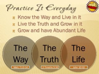 Prac tice It Everyday
π Know the Way and Live in it
π Live the Truth and Grow in it
π Grow and have Abundant Life

The
Way
Matt. 7:13-14

The
Truth
2 Timothy 3:16

The
Life
John 10:10

 