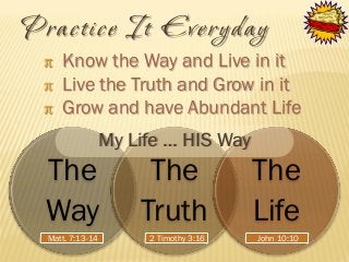 Prac tice It Everyday
π Know the Way and Live in it
π Live the Truth and Grow in it
π Grow and have Abundant Life

My Life … HIS Way

The
Way
Matt. 7:13-14

The
Truth
2 Timothy 3:16

The
Life
John 10:10

 