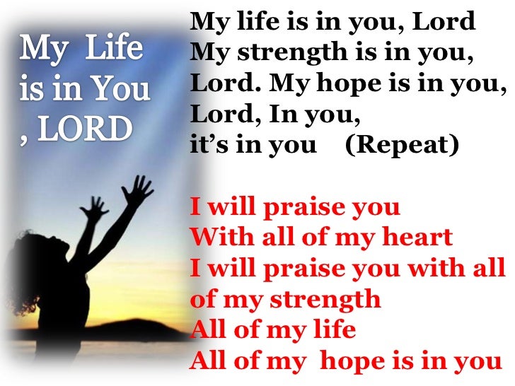 My life is in you, LordMy strength is in you,Lord. My hope is in you,Lord, In you,it’s in you (Repeat)I will praise youWit...