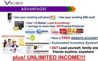 Use your existing cell phone! Use your existing SIM card!
Use 1 E-Wallet, Load Everything!
 savings to more than 300 Prepaid Products
Have 2 FREE WEBSITE ACCOUNTS
24/7 Load yourself, family and
friends anytime, anywhere
Automated Inventory System!
plus! UNLIMITED INCOME!!!
ADVANTAGES
 