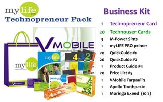 1 Technopreneur Card
20 Technouser Cards
3 M-Power Sims
1 myLIFE PRO primer
20 QuickGuide #1
20 QuickGuide #2
1 Product Guide #4
20 Price List #5
1 VMobile Tarpaulin
1 Apollo Toothpaste
1 Moringa Exeed (10’s)
Business Kit
 