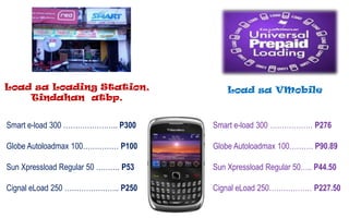 Load sa Loading Station,
Tindahan atbp.
Load sa VMobile
Smart e-load 300 ………………….. P300
Globe Autoloadmax 100…………… P100
Sun Xpressload Regular 50 ………. P53
Cignal eLoad 250 ………………….. P250
Smart e-load 300 ……………… P276
Globe Autoloadmax 100………. P90.89
Sun Xpressload Regular 50….. P44.50
Cignal eLoad 250……………… P227.50
 