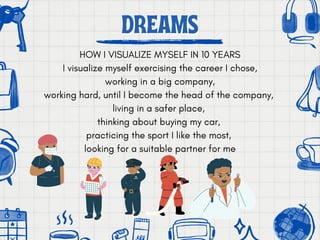 DREAMS
DREAMS
HOW I VISUALIZE MYSELF IN 10 YEARS
I visualize myself exercising the career I chose,
working in a big company,
working hard, until I become the head of the company,
living in a safer place,
thinking about buying my car,
practicing the sport I like the most,
looking for a suitable partner for me
 