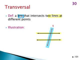  Def: a line that intersects two lines at
different points
 Illustration:
t
p. 131
30
 