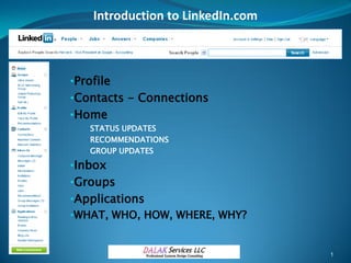 Introduction to LinkedIn.com



•Profile
•Contacts - Connections
•Home
   •STATUS UPDATES
   •RECOMMENDATIONS
   •GROUP UPDATES

•Inbox
•Groups
•Applications
•WHAT, WHO, HOW, WHERE, WHY?


                                   1
 
