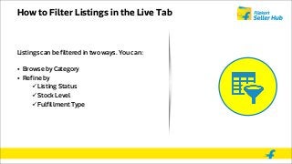 How to Filter Listings in the Live Tab
Listings can be filtered in two ways. You can:
• Browse by Category
• Refine by
 Listing Status
 Stock Level
 Fulfillment Type
 