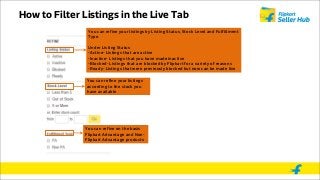 How to Filter Listings in the Live Tab
You can refine your listings by Listing Status, Stock Level and Fulfillment
Type.
Under Listing Status
-Active- Listings that are active
-Inactive- Listings that you have made inactive
-Blocked- Listings that are blocked by Flipkart for a variety of reasons
-Ready- Listings that were previously blocked but now can be made live
You can refine your listings
according to the stock you
have available
You can refine on the basis
Flipkart Advantage and Non-
Flipkart Advantage products
 