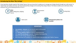 Learning Objectives
After completing this tutorial you will able to:-
• Understand ‘My Listings’ tab
• Learn How to Make a Listing Active
• Know How to Update Listings with a Bulk
Upload
• Learn How to Filter Listings in the Live Tab
• Know How to Edit the Price and Stock Details
for Live Listings
• How to Make a Previously Blocked Listing
Active
 