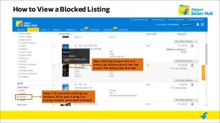 How to View a Blocked Listing
Step 1: To see which listings are
blocked, filter your listings by
Listings Status and select blocked
Step 2:By hovering on the red
mark, you will be able to see the
reason the listing was blocked
 