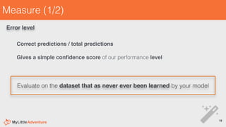 Measure (1/2)
Evaluate on the dataset that as never ever been learned by your model
18!
Error level
Correct predictions / ...