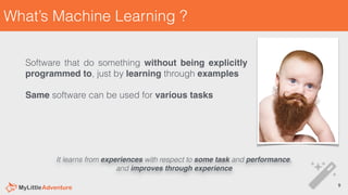 What’s Machine Learning ?
Software that do something without being explicitly
programmed to, just by learning through examples
Same software can be used for various tasks
It learns from experiences with respect to some task and performance,
and improves through experience
5!
 