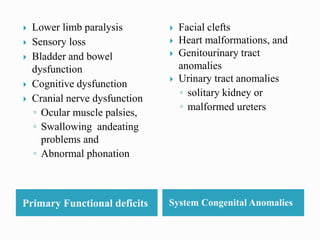 Primary Functional deficits System Congenital Anomalies
 Lower limb paralysis
 Sensory loss
 Bladder and bowel
dysfunction
 Cognitive dysfunction
 Cranial nerve dysfunction
◦ Ocular muscle palsies,
◦ Swallowing andeating
problems and
◦ Abnormal phonation
 Facial clefts
 Heart malformations, and
 Genitourinary tract
anomalies
 Urinary tract anomalies
◦ solitary kidney or
◦ malformed ureters
 