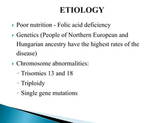  Poor nutrition - Folic acid deficiency
 Genetics (People of Northern European and
Hungarian ancestry have the highest rates of the
disease)
 Chromosome abnormalities:
◦ Trisomies 13 and 18
◦ Triploidy
◦ Single gene mutations
 