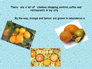 There  are a lot of  cinemas,shopping,centres,cafes and restaurants in my city .  By the way, orange and lemon  are grown in iskenderun a lot . 