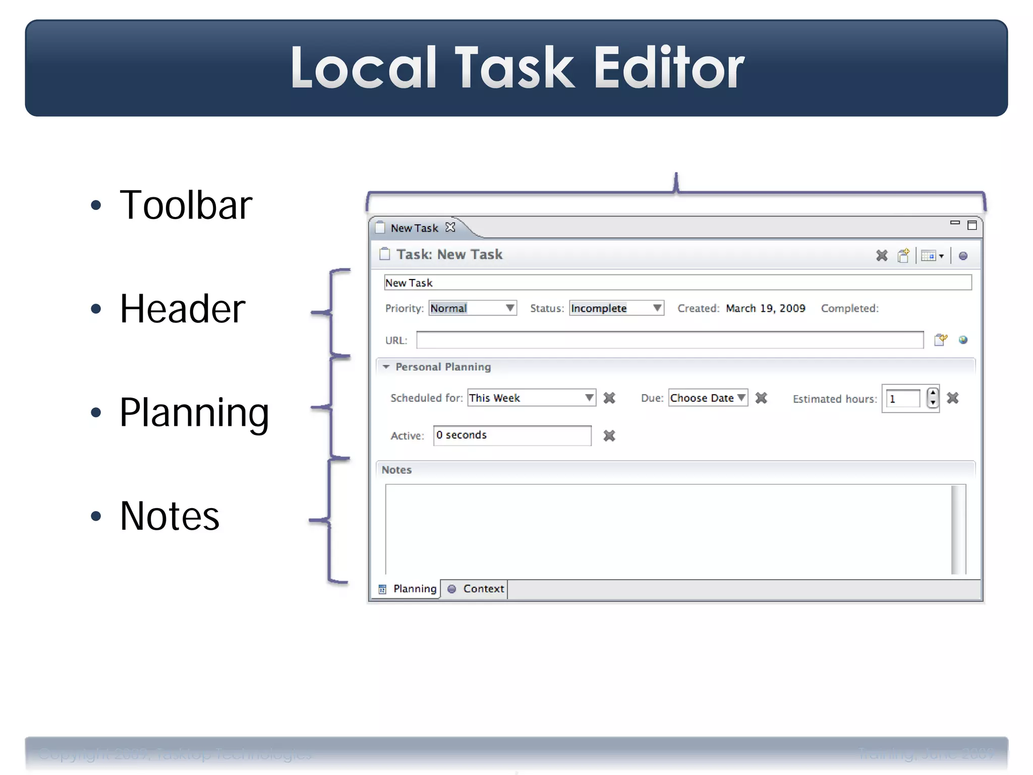 • Toolbar

      • Header

      • Planning

      • Notes




                                       .
Copyright 2009, Tasktop Technologies       Training, June 2009
 