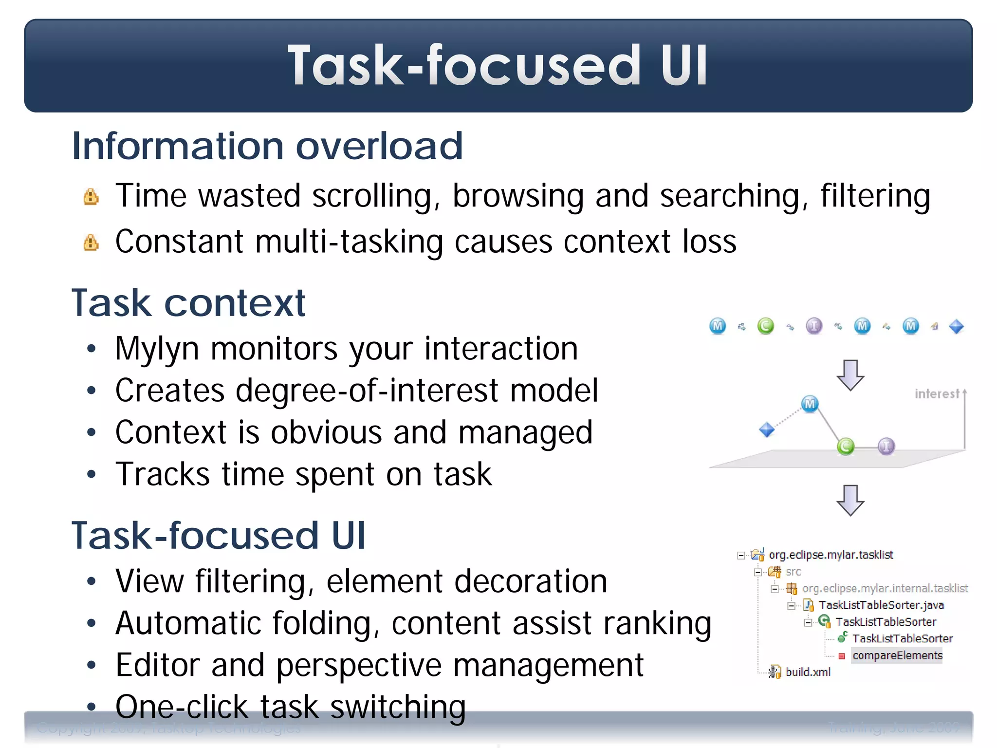 Information overload
       Time wasted scrolling, browsing and searching, filtering
       Constant multi-tasking causes context loss
  Task context
   •   Mylyn monitors your interaction
   •   Creates degree-of-interest model
   •   Context is obvious and managed
   •   Tracks time spent on task
  Task-focused UI
      • View filtering, element decoration
      • Automatic folding, content assist ranking
      • Editor and perspective management
      • One-click task switching
                                 .
Copyright 2009, Tasktop Technologies                   Training, June 2009
 