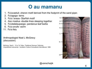 O au mamanu
6
@vanschaijik
1. Fa’avaetuli- cheron motif derived from the footprint of the sand piper.
2. Fa’agogo- terns
3. Fa’a ‘aveau- Starfish motif
4. Aso moelua -double lines sleeping together
5. Fa’atalalaupaogo- pandanus leaf barbs
6. Fa’a anufe- worm
11. Fa’a fetu
Anthropologist Noel L McGrevy
(discussion)
McGrevy, Noel L. O Le Ta Tatau, Traditional Samoan Tattooing.
Unpublished manuscript. Auckland: Culture Consultants International, 1989
 