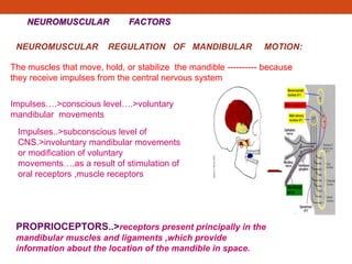 NEUROMUSCULAR FACTORS
The muscles that move, hold, or stabilize the mandible ---------- because
they receive impulses from the central nervous system
NEUROMUSCULAR REGULATION OF MANDIBULAR MOTION:
Impulses….>conscious level….>voluntary
mandibular movements
Impulses..>subconscious level of
CNS.>involuntary mandibular movements
or modification of voluntary
movements….as a result of stimulation of
oral receptors ,muscle receptors
PROPRIOCEPTORS..>receptors present principally in the
mandibular muscles and ligaments ,which provide
information about the location of the mandible in space.
 