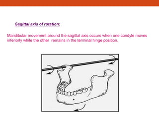 Sagittal axis of rotation:
Mandibular movement around the sagittal axis occurs when one condyle moves
inferiorly while the other remains in the terminal hinge position.
 