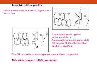 In centric relation position:
Initial tooth contacts in terminal hinge closure
occurs b/n
If muscular force is applied
to the mandible, a
Supero-anterior movement or shift
will occur untill the intercuspation
position is reached.
This CR to maximum intercuspation have a lateral component.
This slide present..>90% population
 
