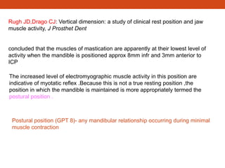 Rugh JD,Drago CJ: Vertical dimension: a study of clinical rest position and jaw
muscle activity, J Prosthet Dent
concluded that the muscles of mastication are apparently at their lowest level of
activity when the mandible is positioned approx 8mm infr and 3mm anterior to
ICP
The increased level of electromyographic muscle activity in this position are
indicative of myotatic reflex .Because this is not a true resting position ,the
position in which the mandible is maintained is more appropriately termed the
postural position .
Postural position (GPT 8)- any mandibular relationship occurring during minimal
muscle contraction
 