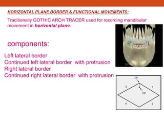 HORIZONTAL PLANE BORDER & FUNCTIONAL MOVEMENTS:
Traditionally GOTHIC ARCH TRACER used for recording mandibular
movement in horizontal plane.
components:
Left lateral border
Continued left lateral border with protrusion
Right lateral border
Continued right lateral border with protrusion
 