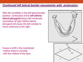Continued left lateral border movements with protrusion:
With the mandible in the left lateral border
position, contraction of the left inferior
lateral pterygoid along with continued
contraction of right inferior lateral
pterygoid will cause the left condyle to
move anteriorly to the right.
Cause a shift in the mandibular
midline back to coincide
with the midline of the face.
 