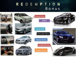 B o n u s
BlackBerry Bold Touch BB Z10 BlackBerry 8100 Pearl
IPAD
Kijang Inova
Toyota Atlis
Toyota Camry
Toyota Crown
BMW
Mercedez Benz
LAMBORGHINI
 