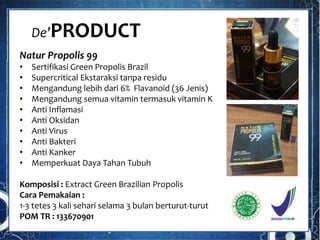 De’PRODUCT
Natur Propolis 99
• Sertifikasi Green Propolis Brazil
• Supercritical Ekstaraksi tanpa residu
• Mengandung lebih dari 6% Flavanoid (36 Jenis)
• Mengandung semua vitamin termasuk vitamin K
• Anti Inflamasi
• Anti Oksidan
• Anti Virus
• Anti Bakteri
• Anti Kanker
• Memperkuat Daya Tahan Tubuh
Komposisi : Extract Green Brazilian Propolis
Cara Pemakaian :
1-3 tetes 3 kali sehari selama 3 bulan berturut-turut
POM TR : 133670901
 