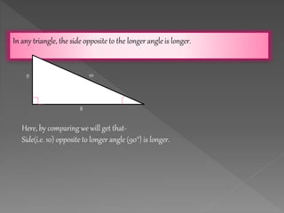 In any triangle, the side opposite to the longer angle is longer.
10
8
9
Here, by comparing we will get that-
Side(i.e. 10) opposite to longer angle (90°) is longer.
 
