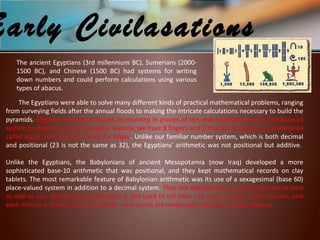 The Egyptians were able to solve many different kinds of practical mathematical problems, ranging
from surveying fields after the annual floods to making the intricate calculations necessary to build the
pyramids. Egyptian arithmetic, based on counting in groups of ten, was relatively simple. This Base-10
system probably arose for biological reasons, we have 8 fingers and 2 thumbs. Numbers are sometimes
called digits from the Latin word for finger. Unlike our familiar number system, which is both decimal
and positional (23 is not the same as 32), the Egyptians' arithmetic was not positional but additive.
Unlike the Egyptians, the Babylonians of ancient Mesopotamia (now Iraq) developed a more
sophisticated base-10 arithmetic that was positional, and they kept mathematical records on clay
tablets. The most remarkable feature of Babylonian arithmetic was its use of a sexagesimal (base 60)
place-valued system in addition to a decimal system. Thus the Babylonians counted in groups of sixty
as well as ten. Babylonian mathematics is still used to tell time - an hour consists of 60 minutes, and
each minute is divided into 60 seconds - and circles are measured in divisions of 360 degrees.
Early Civilasations
The ancient Egyptians (3rd millennium BC), Sumerians (2000-
1500 BC), and Chinese (1500 BC) had systems for writing
down numbers and could perform calculations using various
types of abacus.
 