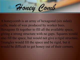  
A honeycomb is an array of hexagonal (six sided) 
cells, made of wax produced by worker bees. 
Hexagons fit together to fill all the available space, 
giving a strong structure with no gaps. Squares would 
also fill the space, but would not give a rigid structure. 
Triangles would fill the space and be rigid, but it 
would be difficult to get honey out of their corners.
Honey Comb
 