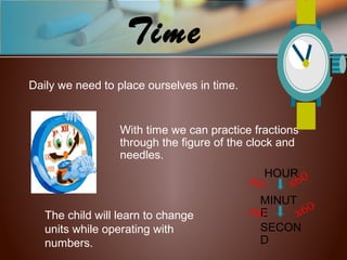 Time
Daily we need to place ourselves in time.
With time we can practice fractions
through the figure of the clock and
needles.
The child will learn to change
units while operating with
numbers.
HOUR
MINUT
E
SECON
D
x60
x60
:60
:60
 
